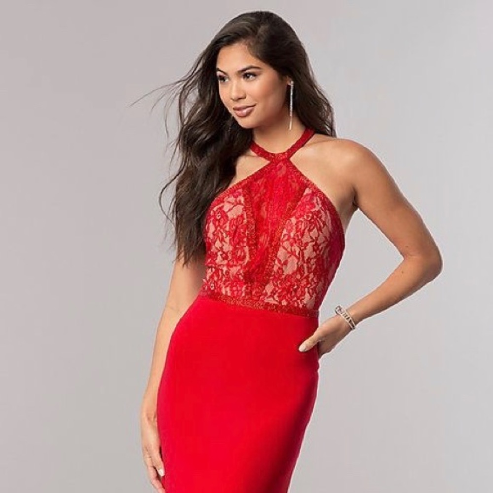 Sherri Hill Red Racerback Lace Bodice Dress